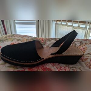 Black Leather Suede Slingback Wedge Sandals.